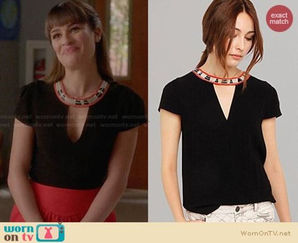 NWT Maje Fraiche Keyhole Embroidered Blouse Black Red Trim FR 2 US M Glee Art